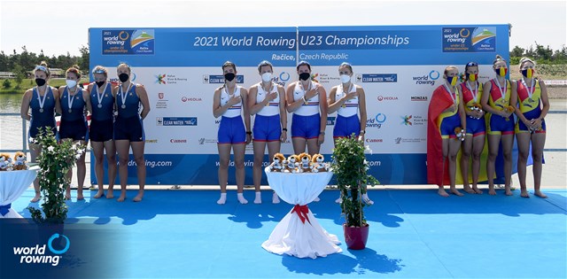 Amelia Standing (b), Holly Dunford, Lettice Cabot, Daisy Bellamy (s), Great Britain, Gold, Kelsey Mcginley (b), Teal Cohen, Alexandria Vallancey-Martinson, Francesca Raggi (s), United States of America, Silver, Alice-Elena Turcanu (b), Alina-Maria Baletchi, Andreea Popa, Dumitrita Juncanariu (s), Romania, Bronze, Women's Four,  2021 World Rowing Under 23 Championships, Racice, Czech Republic / Detlev Seyb/MyRowingPhoto.com