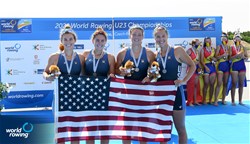 Kelsey Mcginley (b), Teal Cohen, Alexandria Vallancey-Martinson, Francesca Raggi (s), Women's Four, United States of America, Silver, 2021 World Rowing Under 23 Championships, Racice, Czech Republic / Detlev Seyb/MyRowingPhoto.com