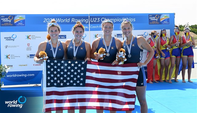 Kelsey Mcginley (b), Teal Cohen, Alexandria Vallancey-Martinson, Francesca Raggi (s), Women's Four, United States of America, Silver, 2021 World Rowing Under 23 Championships, Racice, Czech Republic / Detlev Seyb/MyRowingPhoto.com