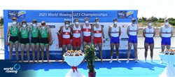 Liam Keane (b), Adam Krol, Peter Lancashire, John Walkey (s),  Canada, Gold, Jack Dorney (b), Alex Byrne, Ross Corrigan, John Kearney (s), Ireland, Silver, Daniel Graham (b), Matthew Rowe, Henry Blois-Brooke, Iwan Hadfield (s), Great Britain, Bronze, Men's Four,, 2021 World Rowing Under 23 Championships, Racice, Czech Republic / Detlev Seyb/MyRowingPhoto.com
