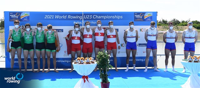 Liam Keane (b), Adam Krol, Peter Lancashire, John Walkey (s),  Canada, Gold, Jack Dorney (b), Alex Byrne, Ross Corrigan, John Kearney (s), Ireland, Silver, Daniel Graham (b), Matthew Rowe, Henry Blois-Brooke, Iwan Hadfield (s), Great Britain, Bronze, Men's Four,, 2021 World Rowing Under 23 Championships, Racice, Czech Republic / Detlev Seyb/MyRowingPhoto.com