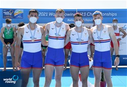Daniel Graham (b), Matthew Rowe, Henry Blois-Brooke, Iwan Hadfield (s), Men's Four, Great Britain, Bronze, 2021 World Rowing Under 23 Championships, Racice, Czech Republic / Detlev Seyb/MyRowingPhoto.com