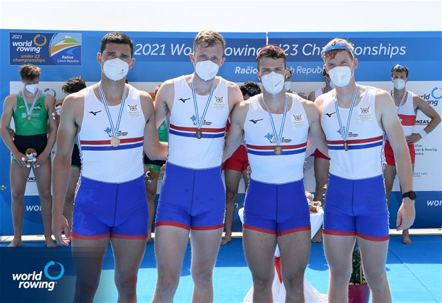 Daniel Graham (b), Matthew Rowe, Henry Blois-Brooke, Iwan Hadfield (s), Men's Four, Great Britain, Bronze, 2021 World Rowing Under 23 Championships, Racice, Czech Republic / Detlev Seyb/MyRowingPhoto.com