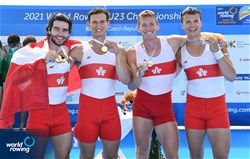 Liam Keane (b), Adam Krol, Peter Lancashire, John Walkey (s), Men's Four, Canada, Gold, 2021 World Rowing Under 23 Championships, Racice, Czech Republic / Detlev Seyb/MyRowingPhoto.com