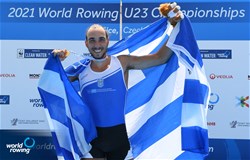 Antonios Papakonstantinou, Lightweight Men's Single Sculls, Greece, Gold, 2021 World Rowing Under 23 Championships, Racice, Czech Republic / Detlev Seyb/MyRowingPhoto.com