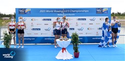 Lisa Bruijnincx (b), Fien Van Westreenen (s), Netherlands, Gold, Cora Loch (b), Judith Guhse (s), Germany, Silver, Angeliki Arabatzi (b), Evangelia Fragkou (s), Greece, Bronze, Women's Double Sculls, 2021 World Rowing Under 23 Championships, Racice, Czech Republic / Detlev Seyb/MyRowingPhoto.com