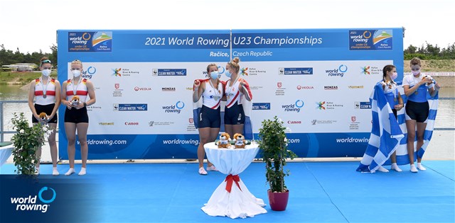 Lisa Bruijnincx (b), Fien Van Westreenen (s), Netherlands, Gold, Cora Loch (b), Judith Guhse (s), Germany, Silver, Angeliki Arabatzi (b), Evangelia Fragkou (s), Greece, Bronze, Women's Double Sculls, 2021 World Rowing Under 23 Championships, Racice, Czech Republic / Detlev Seyb/MyRowingPhoto.com