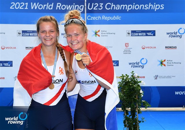 Lisa Bruijnincx (b), Fien Van Westreenen (s), Women's Double Sculls, Netherlands, Gold, 2021 World Rowing Under 23 Championships, Racice, Czech Republic / Detlev Seyb/MyRowingPhoto.com