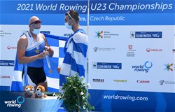 Christos Stergiakas (b), Athanasios Palaiopanos (s), Men's Double Sculls, Greece, Gold, 2021 World Rowing Under 23 Championships, Racice, Czech Republic / Detlev Seyb/MyRowingPhoto.com