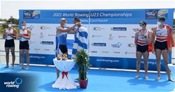 Christos Stergiakas (b), Athanasios Palaiopanos (s), Greece, Gold, Aaron Erfanian (b), Moritz Wolff (s), Germany, Silver, Kai Schaetzle (b), Tim Roth (s), Switzerland, Bronze, Men's Double Sculls, 2021 World Rowing Under 23 Championships, Racice, Czech Republic / Detlev Seyb/MyRowingPhoto.com