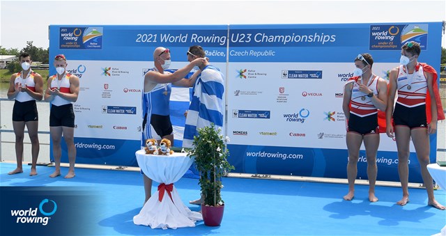 Christos Stergiakas (b), Athanasios Palaiopanos (s), Greece, Gold, Aaron Erfanian (b), Moritz Wolff (s), Germany, Silver, Kai Schaetzle (b), Tim Roth (s), Switzerland, Bronze, Men's Double Sculls, 2021 World Rowing Under 23 Championships, Racice, Czech Republic / Detlev Seyb/MyRowingPhoto.com