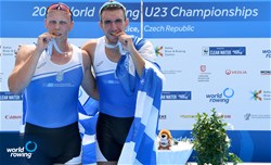 Christos Stergiakas (b), Athanasios Palaiopanos (s), Men's Double Sculls, Greece, Gold, 2021 World Rowing Under 23 Championships, Racice, Czech Republic / Detlev Seyb/MyRowingPhoto.com