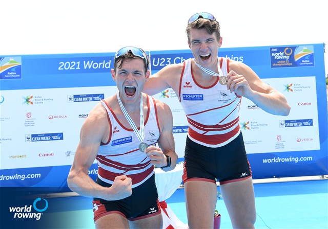 Kai Schaetzle (b), Tim Roth (s), Men's Double Sculls, Switzerland, Bronze, 2021 World Rowing Under 23 Championships, Racice, Czech Republic / Detlev Seyb/MyRowingPhoto.com