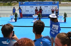 Merve Uslu (b), Elis Ozbay (s), Turkey, Gold, Bianca Saffirio (b), Greta Parravicini (s), Italy, Silver,  Zuzanna Jasinska (b), Wiktoria Kalinowska (s), Poland, Bronze, Lightweight Women's Double Sculls, 2021 World Rowing Under 23 Championships, Racice, Czech Republic / Detlev Seyb/MyRowingPhoto.com
