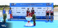 Merve Uslu (b), Elis Ozbay (s), Turkey, Gold, Bianca Saffirio (b), Greta Parravicini (s), Italy, Silver,  Zuzanna Jasinska (b), Wiktoria Kalinowska (s), Poland, Bronze, Lightweight Women's Double Sculls, 2021 World Rowing Under 23 Championships, Racice, Czech Republic / Detlev Seyb/MyRowingPhoto.com