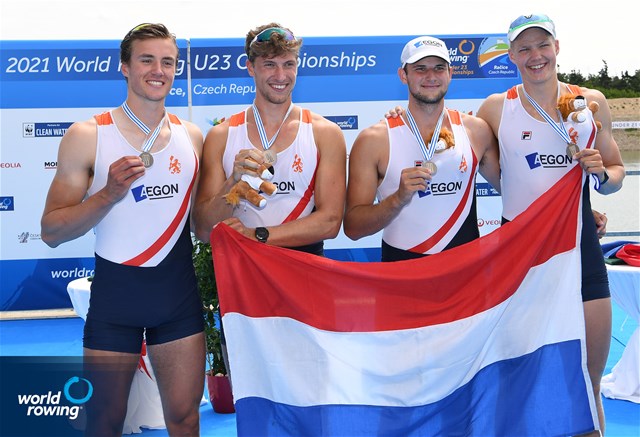 Guus Mollee (b), Olav Molenaar, Noud Scholten, Gert-Jan Van Doorn (s), Men's Quadruple Sculls, Netherlands, Bronze, 2021 World Rowing Under 23 Championships, Racice, Czech Republic / Detlev Seyb/MyRowingPhoto.com