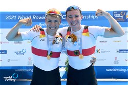 Fabio Kress (b), Melvin Mueller-Ruchholtz (s), Lightweight Men's Double Sculls, Germany, Gold, 2021 World Rowing Under 23 Championships, Racice, Czech Republic / Detlev Seyb/MyRowingPhoto.com
