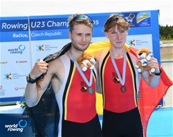Marlon Colpaert (b), Tibo Vyvey (s), Lightweight Men's Double Sculls, Belgium, Bronze, 2021 World Rowing Under 23 Championships, Racice, Czech Republic / Detlev Seyb/MyRowingPhoto.com