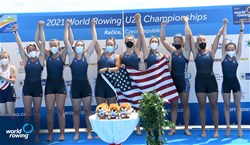 Mckenna Bryant (b), Sophia Hahn, Anna Jensen, Sierra Bishop, Kelsey Mcginley, Teal Cohen, Alexandria Vallancey-Martinson, Francesca Raggi (s), Isabel Aronin (c), Women's Eight, United States of America, Gold, 2021 World Rowing Under 23 Championships, Racice, Czech Republic / Detlev Seyb/MyRowingPhoto.com
