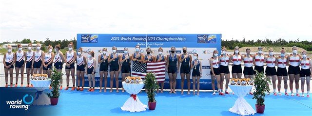Mckenna Bryant (b), Sophia Hahn, Anna Jensen, Sierra Bishop, Kelsey Mcginley, Teal Cohen, Alexandria Vallancey-Martinson, Francesca Raggi (s), Isabel Aronin (c), United States of America, Gold, Vienna Van Niersen (b), Susanna Temming, Willemijn Mulder, Vera Sneijders, Jessy Vermeer, Iris Klok, Isabel Van Opzeeland, Femke Paulis (s), Lotte Wolfenter (c), Netherlands, Silver, Katharina Bauer (b), Paula Hartmann, Alissa Buhrmann, Anna Kracklauer, Stina Roebbecke, Lisa Holbrook, Annika Weber, Katja Fuhrmann (s), Neele Erdtmann (c), Germany, Bronze, Women's Eight, 2021 World Rowing Under 23 Championships, Racice, Czech Republic / Detlev Seyb/MyRowingPhoto.com