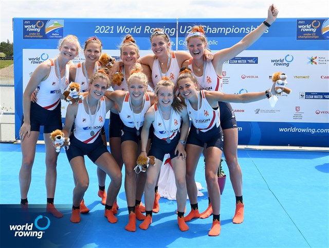 Vienna Van Niersen (b), Susanna Temming, Willemijn Mulder, Vera Sneijders, Jessy Vermeer, Iris Klok, Isabel Van Opzeeland, Femke Paulis (s), Lotte Wolfenter (c), Women's Eight, Netherlands, Silver, 2021 World Rowing Under 23 Championships, Racice, Czech Republic / Detlev Seyb/MyRowingPhoto.com