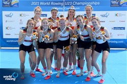 Katharina Bauer (b), Paula Hartmann, Alissa Buhrmann, Anna Kracklauer, Stina Roebbecke, Lisa Holbrook, Annika Weber, Katja Fuhrmann (s), Neele Erdtmann (c), Women's Eight, Germany, Bronze, 2021 World Rowing Under 23 Championships, Racice, Czech Republic / Detlev Seyb/MyRowingPhoto.com