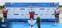 Emil Neykov, Bulgaria, Gold, Piotr Plominski, Poland, Silver, Bastian Secher, Denmark, Bronze, Men's Single Sculls, 2021 World Rowing Under 23 Championships, Racice, Czech Republic / Detlev Seyb/MyRowingPhoto.com