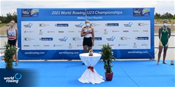 Alexandra Foester, Germany, Gold, Aurelia-Maxima Janzen, Switzerland, Silver, Katherine Williams, South Africa, Bronze, Women's Single Sculls, 2021 World Rowing Under 23 Championships, Racice, Czech Republic / Detlev Seyb/MyRowingPhoto.com
