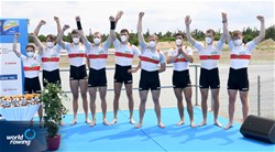 Mark Hinrichs (b), Henry Hopmann, Benedict Eggeling, Floyd Benedikter, Tassilo Von Mueller, Mattes Schoenherr, Julian Garth, Jasper Angl (s), Till Martini (c), Men's Eight, Germany, Bronze, 2021 World Rowing Under 23 Championships, Racice, Czech Republic / Detlev Seyb/MyRowingPhoto.com