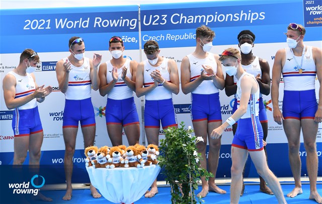 Noah Norman (b), Miles Beeson, Simon Nunayon, Tobias Schroder, Felix Drinkall, Callum Sullivan, Joshua Bowesman-Jones, Michael Dalton (s), Scott Cockle (c), Men's Eight, Great Britain, Gold, 2021 World Rowing Under 23 Championships, Racice, Czech Republic / Detlev Seyb/MyRowingPhoto.com