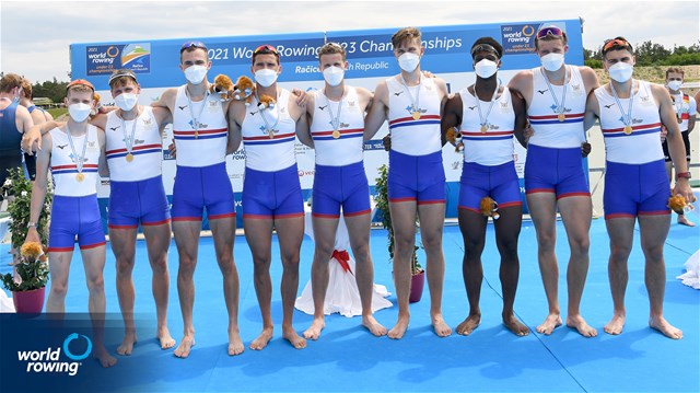 Noah Norman (b), Miles Beeson, Simon Nunayon, Tobias Schroder, Felix Drinkall, Callum Sullivan, Joshua Bowesman-Jones, Michael Dalton (s), Scott Cockle (c), Men's Eight, Great Britain, Gold, 2021 World Rowing Under 23 Championships, Racice, Czech Republic / Detlev Seyb/MyRowingPhoto.com