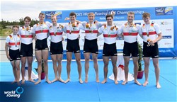 Mark Hinrichs (b), Henry Hopmann, Benedict Eggeling, Floyd Benedikter, Tassilo Von Mueller, Mattes Schoenherr, Julian Garth, Jasper Angl (s), Till Martini (c), Men's Eight, Germany, Bronze, 2021 World Rowing Under 23 Championships, Racice, Czech Republic / Detlev Seyb/MyRowingPhoto.com