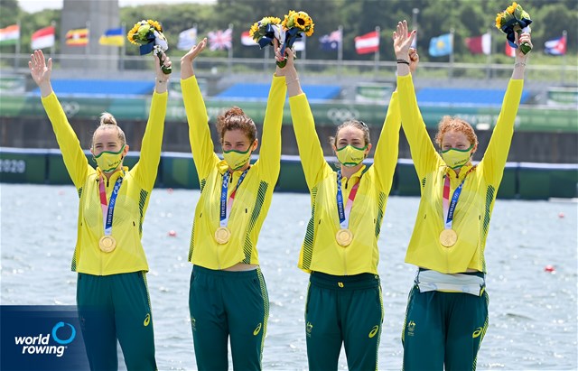 Lucy Stephan (b), Rosemary Popa, Jessica Morrison, Annabelle Mcintyre (s), Women's Four, Australia, gold, 2020 Olympic Games Regatta, Tokyo, Japan / World Rowing/Detlev Seyb