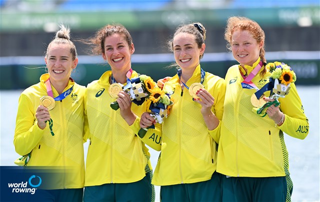 Lucy Stephan (b), Rosemary Popa, Jessica Morrison, Annabelle Mcintyre (s), Women's Four, Australia, gold, 2020 Olympic Games Regatta, Tokyo, Japan / World Rowing/Detlev Seyb