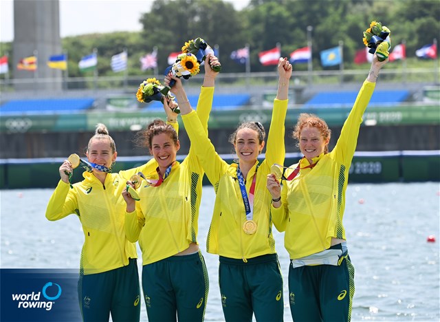 Lucy Stephan (b), Rosemary Popa, Jessica Morrison, Annabelle Mcintyre (s), Women's Four, Australia, gold, 2020 Olympic Games Regatta, Tokyo, Japan / World Rowing/Detlev Seyb