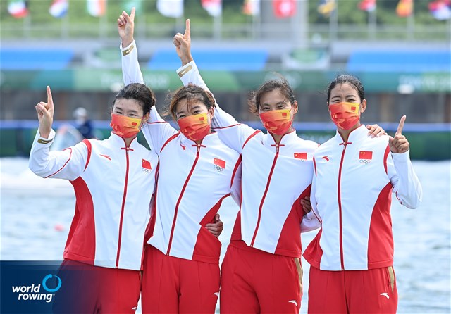 Yunxia Chen (b), Ling Zhang, Yang Lyu, Xiaotong Cui (s), Women's Quadruple Sculls, People's Republic of China, gold, 2020 Olympic Games Regatta, Tokyo, Japan / World Rowing/Detlev Seyb