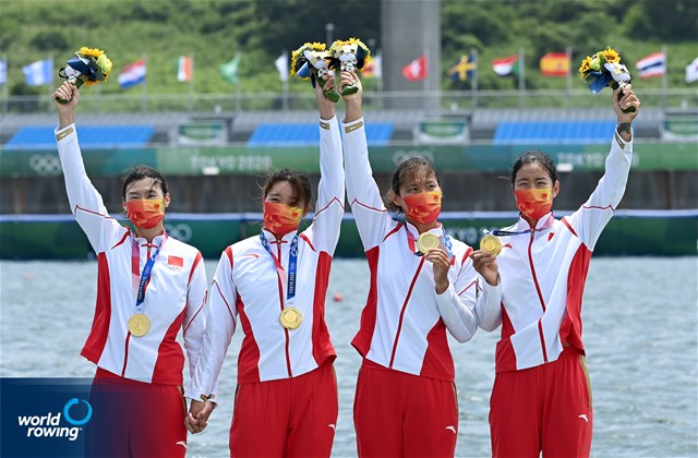 Yunxia Chen (b), Ling Zhang, Yang Lyu, Xiaotong Cui (s), Women's Quadruple Sculls, People's Republic of China, gold, 2020 Olympic Games Regatta, Tokyo, Japan / World Rowing/Detlev Seyb