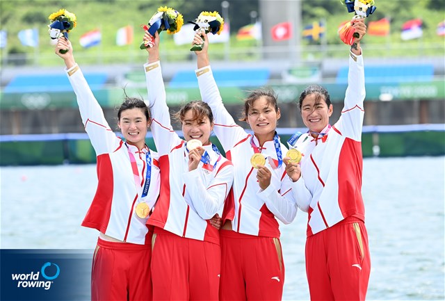 Yunxia Chen (b), Ling Zhang, Yang Lyu, Xiaotong Cui (s), Women's Quadruple Sculls, People's Republic of China, gold, 2020 Olympic Games Regatta, Tokyo, Japan / World Rowing/Detlev Seyb