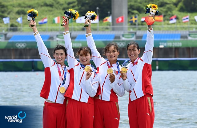 Yunxia Chen (b), Ling Zhang, Yang Lyu, Xiaotong Cui (s), Women's Quadruple Sculls, People's Republic of China, gold, 2020 Olympic Games Regatta, Tokyo, Japan / World Rowing/Detlev Seyb