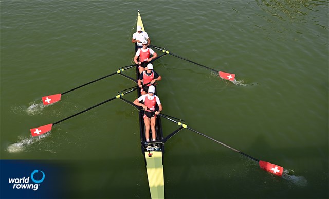 Shamall Suero Santana (b), Robin Ruchti, Jonas Frei, Nicolas Chambers (s), Men's Four, Switzerland, 2021 World Rowing Junior Championships, Plovdiv, Bulgaria / Detlev Seyb/MyRowingPhoto.com