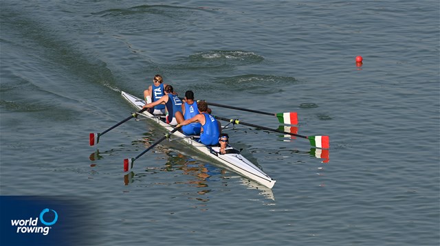 Emilio Pappalettera (b), Simone Pappalepore, Luca Vicino, Marco Vicino (s), Lorenzo Fanchi (c), Men's Coxed Four, Italy, 2021 World Rowing Junior Championships, Plovdiv, Bulgaria / Detlev Seyb/MyRowingPhoto.com