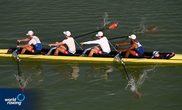 Mattia Soldo (b), Seric Critchley, Leon Zahner, Donat Vonder Muehll (s), Lynn Albert (c), Men's Coxed Four, Switzerland, 2021 World Rowing Junior Championships, Plovdiv, Bulgaria / Detlev Seyb/MyRowingPhoto.com