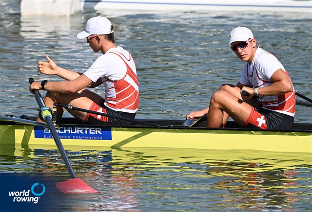 Shamall Suero Santana (b), Robin Ruchti, Jonas Frei, Nicolas Chambers (s), Men's Four, Switzerland, 2021 World Rowing Junior Championships, Plovdiv, Bulgaria / Detlev Seyb/MyRowingPhoto.com