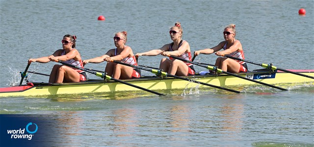 Thalia Ahumada Ireland (b), Nicole Schmid, Lina Kuehn, Olivia Roth (s), Women's Quadruple Sculls, Switzerland, 2021 World Rowing Junior Championships, Plovdiv, Bulgaria / Detlev Seyb/MyRowingPhoto.com