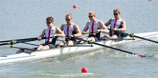 Christian Soendergaard (b), Tobias Kramer Bosnes, Elias Andersen, Simon Mikkelsen (s), Men's Four, Denmark, 2021 World Rowing Junior Championships, Plovdiv, Bulgaria / Detlev Seyb/MyRowingPhoto.com