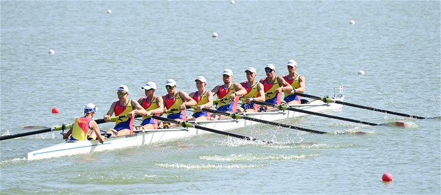 Andrei-Valentin Malis (b), Marius-Ionel Bodnar, Andrei Hemen, Cornel-Traian Ieremciuc, Andrei-Vlad-Robert Vatamaniuc, Alexandru-Gabriel Stetco, Constantin Emanuele Sterea, Eduard Angel Moldovan (s), Gavril Dumbrava (c), Men's Eight, Romania, 2021 World Rowing Junior Championships, Plovdiv, Bulgaria / Detlev Seyb/MyRowingPhoto.com
