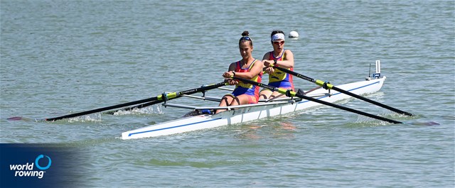 Andreea Ioana Serban (b), Felicia Maria Mihai (s), Women's Double Sculls, Romania, 2021 World Rowing Junior Championships, Plovdiv, Bulgaria / Detlev Seyb/MyRowingPhoto.com