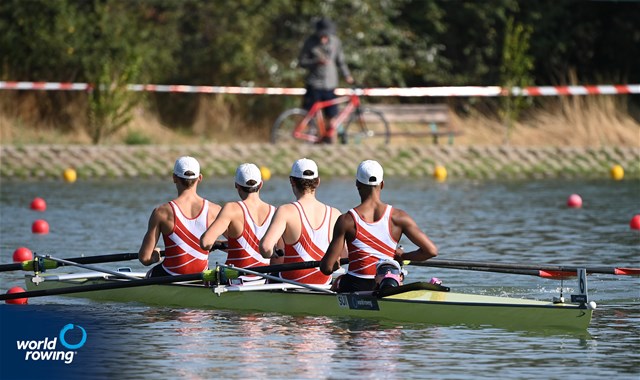 Mattia Soldo (b), Seric Critchley, Leon Zahner, Donat Vonder Muehll (s), Lynn Albert (c), Men's Coxed Four, Switzerland, 2021 World Rowing Junior Championships, Plovdiv, Bulgaria / Detlev Seyb/MyRowingPhoto.com