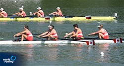 Firinne Rolfe (b), Sophie Gower, Ellexi Fulton, Ellie Sousa (s), Women's Four, Canada, 2021 World Rowing Junior Championships, Plovdiv, Bulgaria / Detlev Seyb/MyRowingPhoto.com