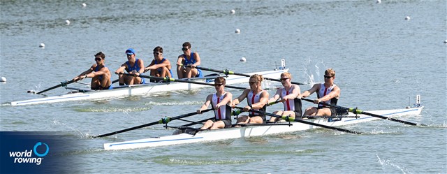 Christian Soendergaard (b), Tobias Kramer Bosnes, Elias Andersen, Simon Mikkelsen (s), Men's Four, Denmark, 2021 World Rowing Junior Championships, Plovdiv, Bulgaria / Detlev Seyb/MyRowingPhoto.com